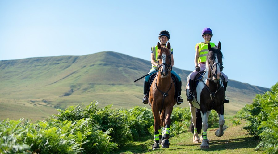 Two horses and riders on narrow path with upland hillside behind in gentle sunshine
