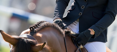 senior rider dressage horse close up