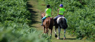 two riders on horses wearing BHS hi vis